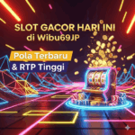 Ilustrasi slot gacor hari ini di Wibu69JP dengan mesin slot emas, koin berterbangan, dan nuansa neon modern bertema pola terbaru serta RTP tinggi
